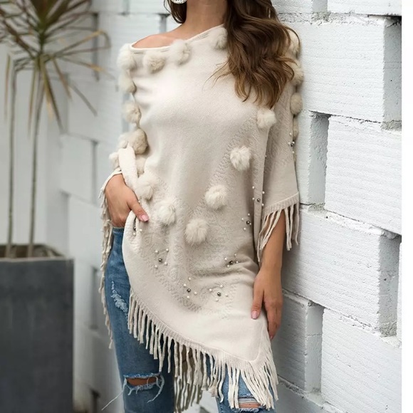 New! Pearl Pom Poncho - Picture 5 of 15